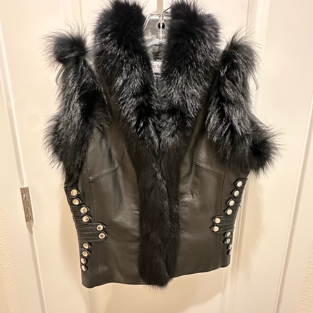 Paolo Santini Rabbit and Leather Moto Studded Vest. Size 4